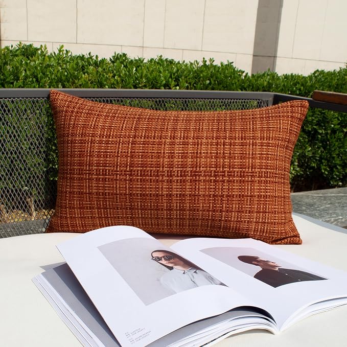 Kevin Textile Outdoor Waterproof Throw Pillow Covers 14x24 Inch Pack of 2 Woven Faux Linen Farmhouse Decorative Water Resistant Lumbar Cushion Covers for Tent Patio Garden Couch Sofa Burnt Orange
