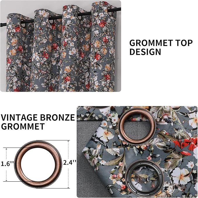 Estelar Textiler Grey Velvet Blackout Curtains 96 inches Long 2 Panels, Vintage Boho Floral Printed Curtains for Living Room, Grommet Thermal Insulated Room Darkening Drapes for Bedroom(Gray, 52Wx96L)