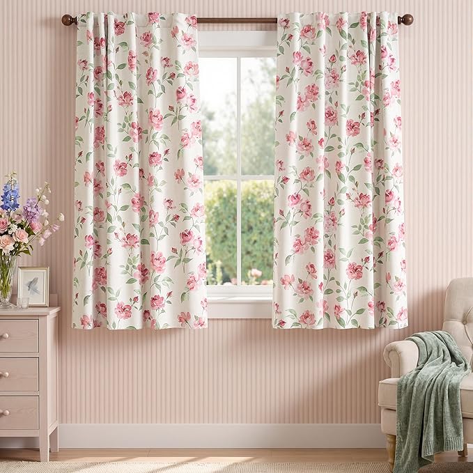 jinchan Pink Curtains Floral Blackout Curtains 63 Inch Length Watercolor Rose Cottagecore for Bedroom Living Room Room Darkening Drapes Romantic Vintage Decor Rod Pocket & Back Tab 2 Panels