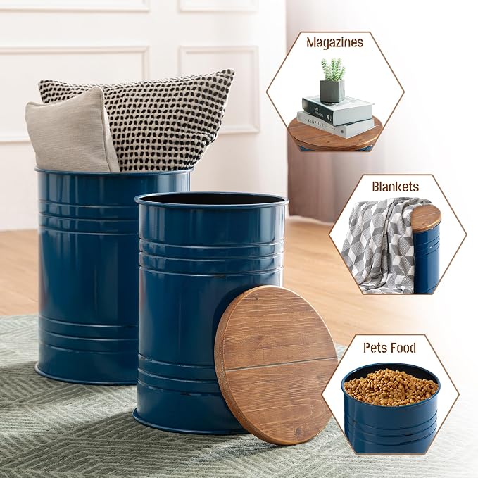 Glitzhome Rustic Storage Ottoman Seat Stool, Farmhouse Nesting End Table, Galvanized Barrel Metal Accent Side Table Toy Box Bin with Round Wood Lid for Living Room, Set of 2, Navy Blue