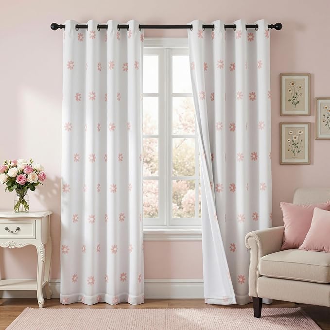 MYSKY HOME Pink Floral Blackout Curtains for Living Room 90 Inches Long Total Light Blocking Curtain for Girls Bedroom 2 Panels Grommet 100% Room Darkening Window Drapes with Flower Sheer 52W x 84L