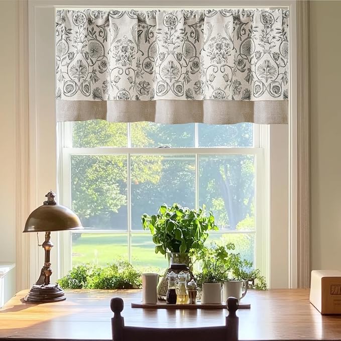 jinchan Linen Valance Kitchen Curtain for Windows Double Layer 18 Inch for Living Room Bedroom Window Treatment Light Filtering Vintage Rustic Farmhouse Cottagecore Rod Pocket 1 Panel Grey on Beige