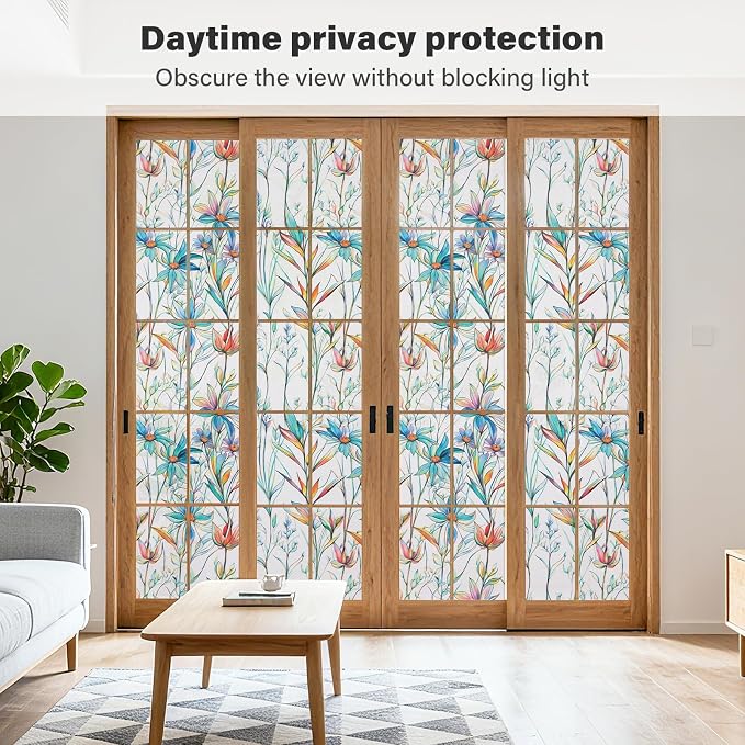 Donox Window Privacy Film, Frosted Stained Glass Window Films, Static Cling Non-Adhesive Decorative Windows Sticker for Front Door Bathroom, Heat Control Anti UV(Blue Lotus,17.5 x 78.7 Inches)