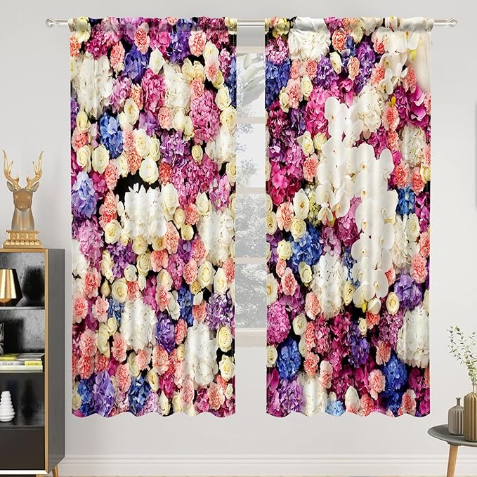 Renaiss 52 x 63 Inch Colorful Floral Kitchen Curtains Short Linen Textured Small Cafe Curtains Rose Flower Light Filtering Short Window Curtain for Bathroom Basement with Rod Pocket 2 Panels
