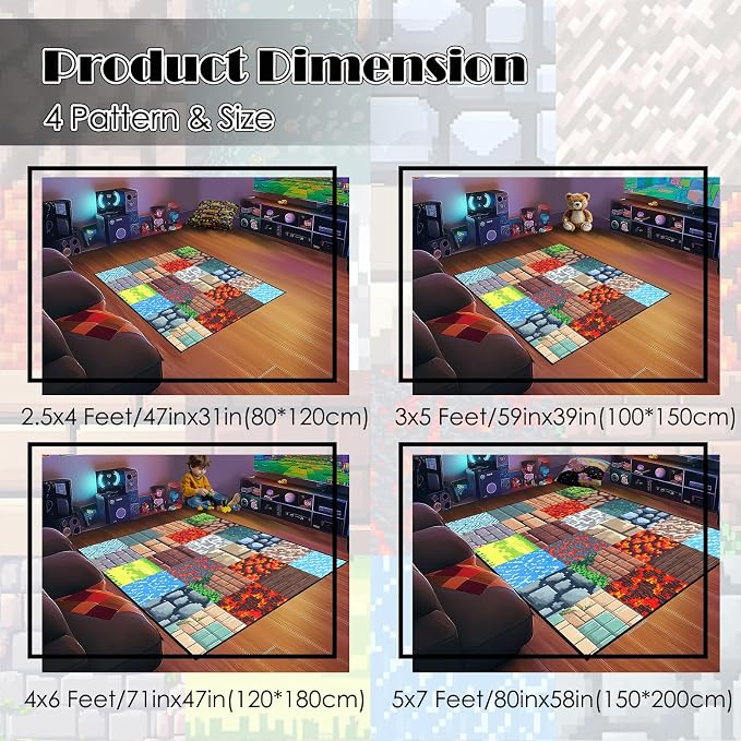 Game Room Rug - Video Game Block Theme Carpet Boys Room Decor for Bedroom Large Gaming Floor Mat Rugs for Boys Bedroom Playroom, 5'x7'