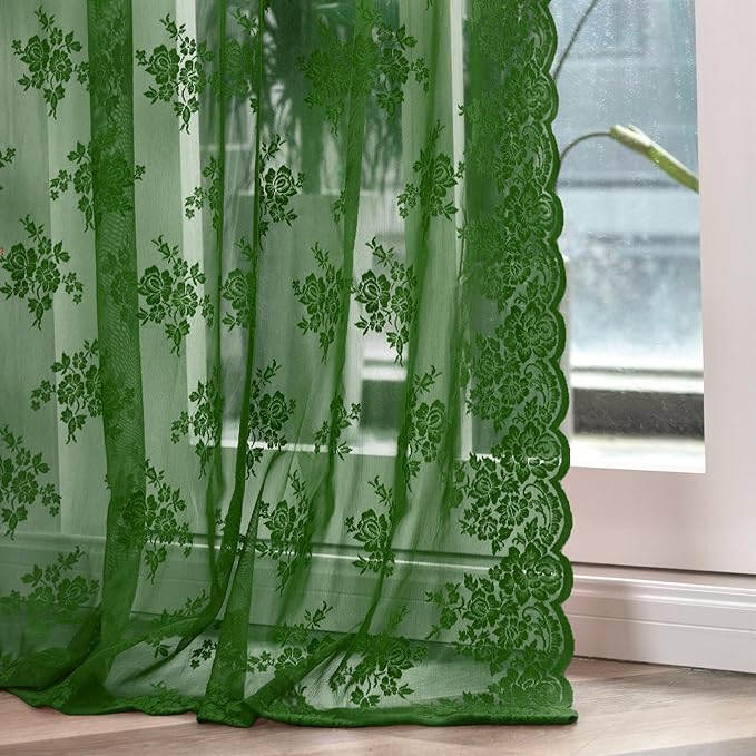 Dark Olive Green Sheer Curtains 63 Inch Length 2 Panels Set, Rustic Floral Vintage Moody Hunter Green Lace Curtains for Bedroom, Rod Pocket Privacy Dark Green Lace Sheer Curtains, Each 52 x 63 Inch