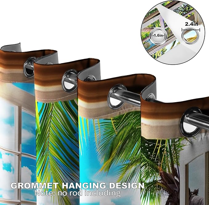 Ocean Beach Blackout Curtains Seaside Palm Tree Shell Starfish Decor Coast Sunshine Blue Sky Summer Curtain Women Men Girls Boys Bedroom Living Room Darkening Grommet Window Drapes 2 Panels, 52"x84"