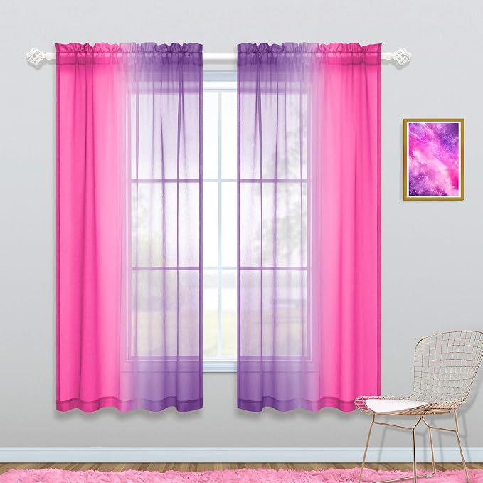 KOUFALL Pink and Purple Curtains 63 Inch Length for Girls Room Decor 2 Panels Set Kawaii Rainbow Window Sheer Ombre Lavender Lilac Teen Curtains for Bedroom Decorations