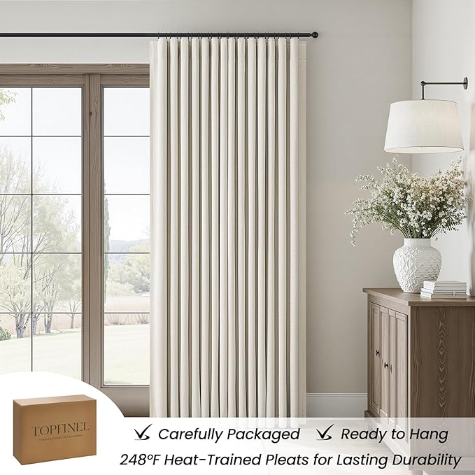Topfinel 100% Blackout Natural Linen Rod Pocket & Back Tab Drapes for Bedroom, 92 Inch Long Cream Beige Panels for Sliding Glass Doors, Farmhouse Aesthetic Window Drapery, Cream Beige 52" W*92" L