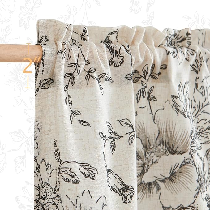 jinchan Floral Linen Tier Curtains 24 Inch Farmhouse Botanic Cafe Drapes for Small Windows Rustic Half Window Curtains for Kitchen Living Room Bathroom Laundry 2 Panels Black on Beige