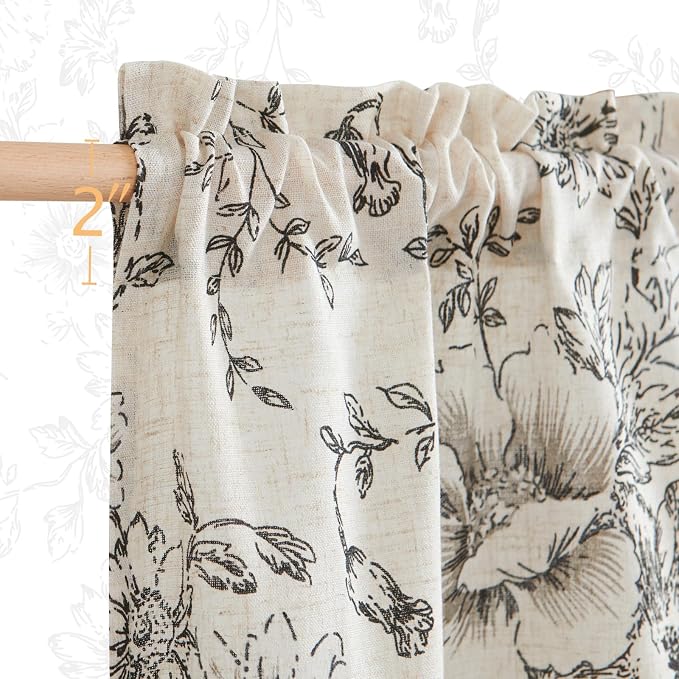 jinchan Floral Linen Tier Curtains 36 Inch Farmhouse Botanic Cafe Drapes for Small Windows Rustic Half Window Curtains for Kitchen Living Room Bathroom Laundry 2 Panels Black on Beige