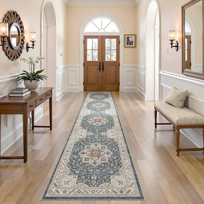 Vintage Hallway Runner Rug 2x10: Large Soft Washable Entryway for Kitchen Laundry Room Non-Slip Backing Runner for Entrance Living Room Bedroom Bathroom - Vintage Blue