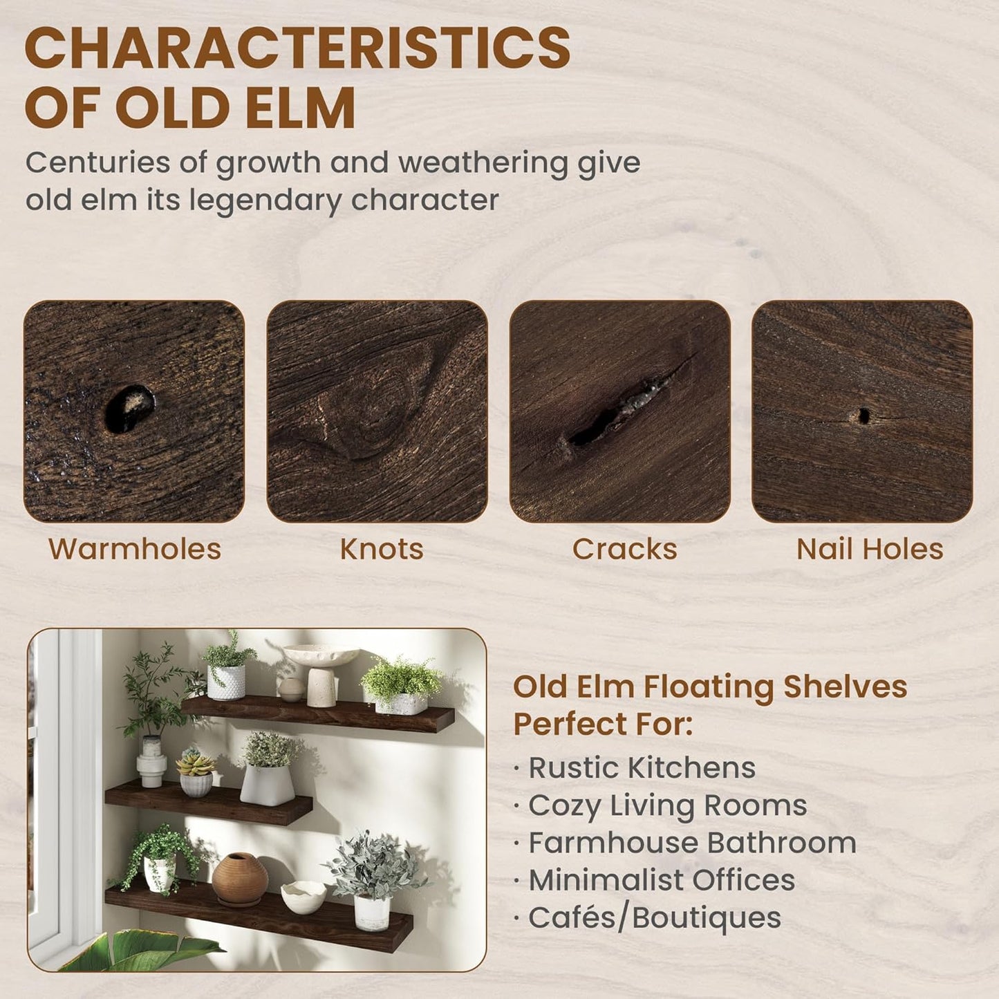 72" Floating Shelves for Wall, Rustic Elm Wood Floating Shelf for Home Decor, Wall-Mounted Display Shelves with Heavy-Duty Bracket, Long Floating Shelf for Bathroom, Kitchen, Living Room, Walnut Color