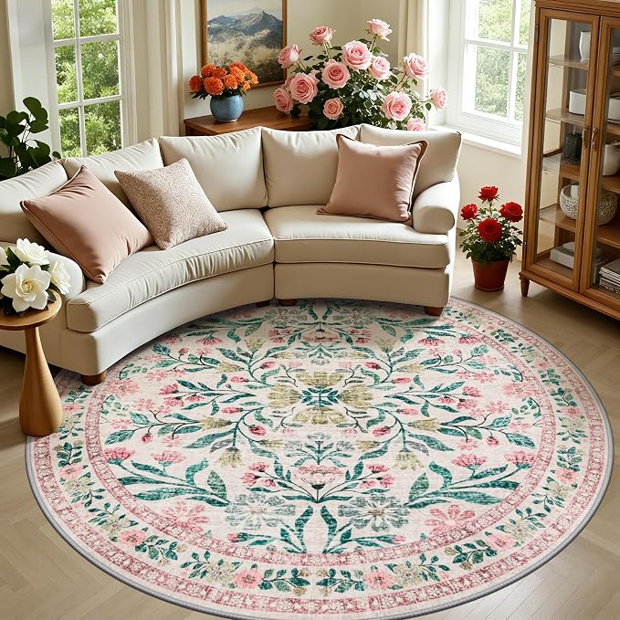 Round Area Rug for Living Room: 8 ft Floral Washable Circle Rug Soft Boho Non-Slip Carpet Indoor Floor Stain Resistant Low Pile Small Circular Rug for Bedroom Entryway Kitchen Nursery Pink/Green