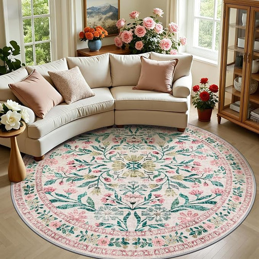 Round Area Rug for Living Room: 8 ft Floral Washable Circle Rug Soft Boho Non-Slip Carpet Indoor Floor Stain Resistant Low Pile Small Circular Rug for Bedroom Entryway Kitchen Nursery Pink/Green