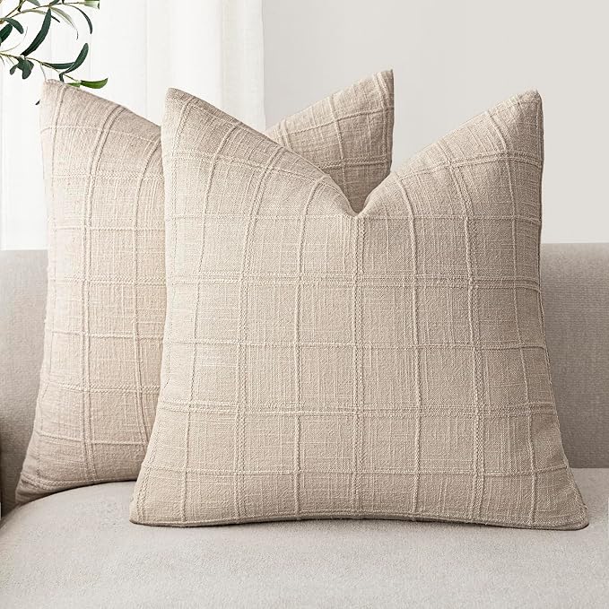 Foindtower Set of 2 Decorative Linen Check Throw Pillow Covers Neutral Farmhouse Vintage Cushion Covers Modern Boho Home Decor for Sofa Chair Couch Bedroom Living Room,22×22 Inch,Natural Linen