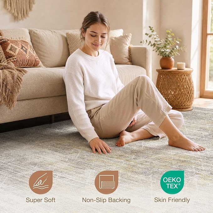 cotiled Washable Area Rugs 10x12 Living Room | Non Slip Backing, Stain Resistant, Pet Friendly, Large Neutral Soft Indoor Carpet For Bedroom, Nursery, Office, Gold/Brown