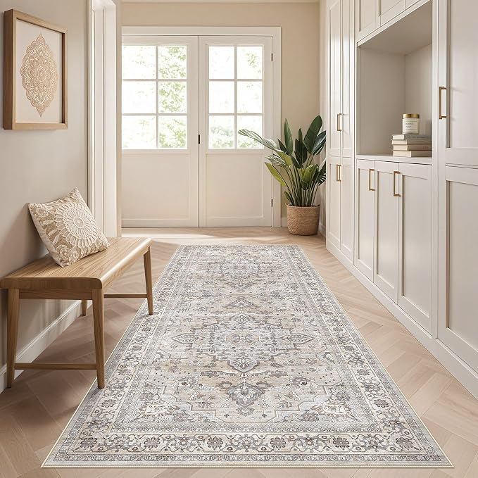 Runner Rug Kitchen Washable Rugs: 3x8 Non-Slip Boho Soft Vintage Stain Resistant Indoor Floor Neutral Farmhouse Throw Carpet for Hallway Bathroom Laundry Room Entryway Bedroom- Ivory Gray