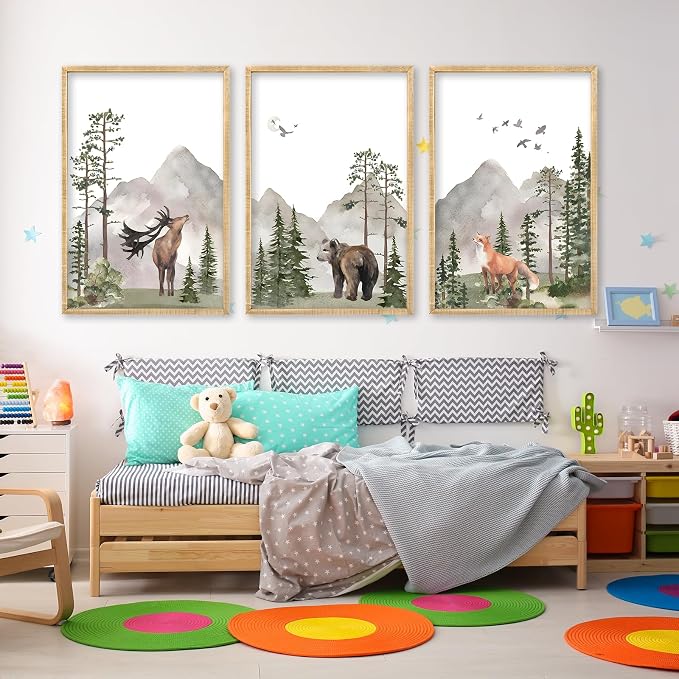 Set Of 3 Wild Woodland Nursery Animals Wall Art Decor 16x11 Inch Safari Foggy Forest Deer Bear Fox Posters Wood Framed Sign Jungle Children's Boys Girls Room Watercolor Prints Hang (Wood)