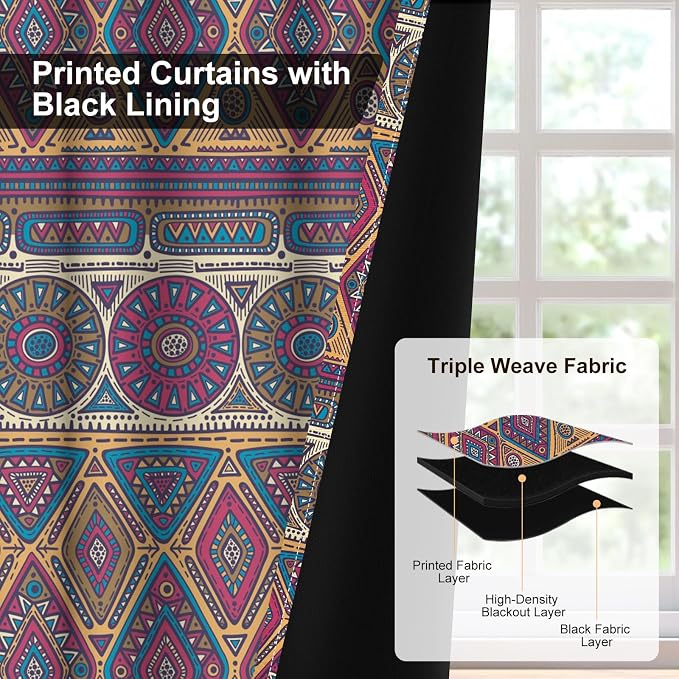 Boho Geometric Patterned Blackout Curtains for Bedroom, Bohemian Living Room Darkening Curtains 84 Inch Length 2 Panels Set, Thermal Insulated Soundproof Bedroom Window Drapes with Curtain Tiebacks