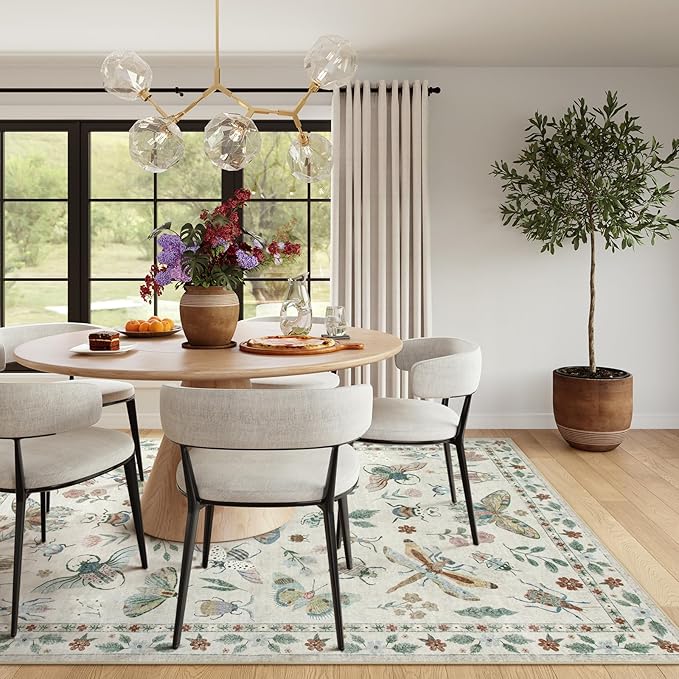 Lahome Insect 9x12 Area Rugs for Living Room Bedroom, Soft Washable Rugs 9x12 Stain Resistant, Ultra-Thin Non-Slip Dining Room Rug Non-Shedding Carpet for Office Vionnet(9x12ft,Beige)