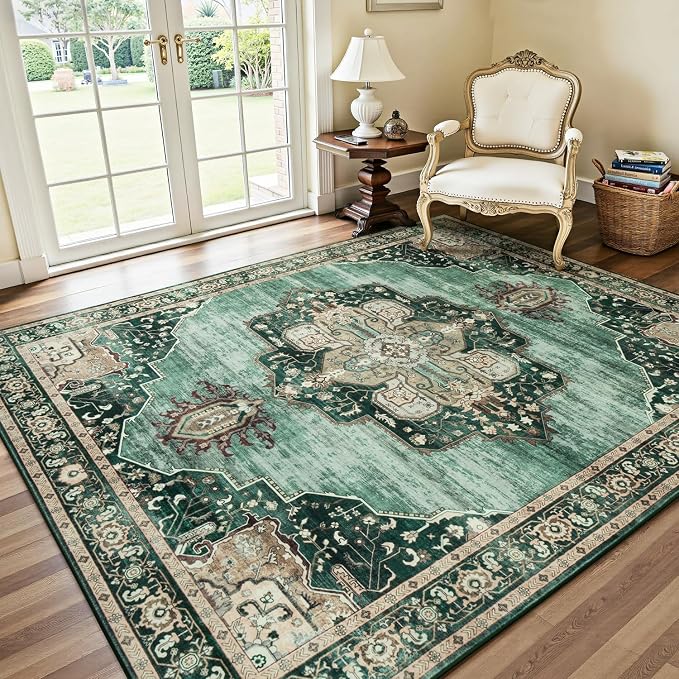 Lofus 5x7 Emerald Green Washable Rugs Non-Slip, Vintage Floral Area Rug for Living Room Bedroom Dining Room Kitchen, Low Pile Distress Print Medallion Carpet Home Decor Rug
