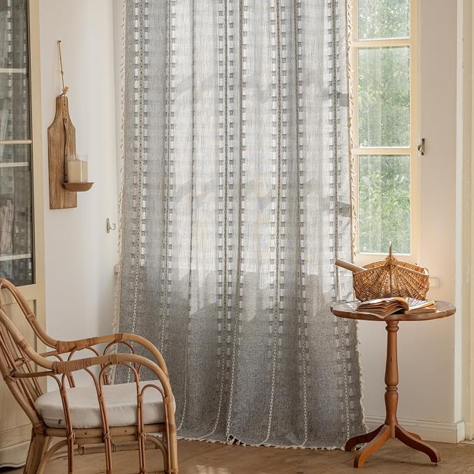 Deeprove Dark Grey Boho Tassel Curtain 96 inches Length for Home Hallway Bedroom Nursery, Bohemian 96 inches Long, Gray Hollow Shabby Chic Stripe Embroidery Privacy Window, W52 x L96, 1 Panel