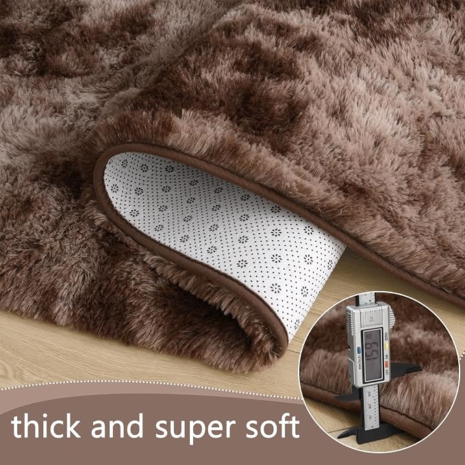 AROGAN Shag Brown Area Rug for Bedroom, 4x6 Feet Washable Non-Slip Modern Indoor Floor Carpet, Plush Memory Foam Beside Rug for Kids Girls Teens Room Low Pile Decor, Coffee