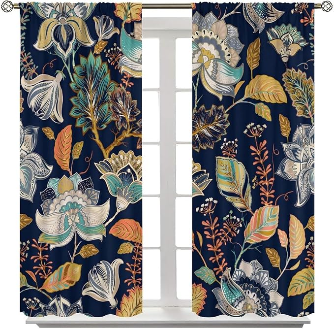 Bohemian Botanical Blackout Curtains, Abstract Ethnic Tribal Mandala Floral Print Window Treatments, Suitable for Bedrooms, Living Rooms and Kitchens.55X63 Inch