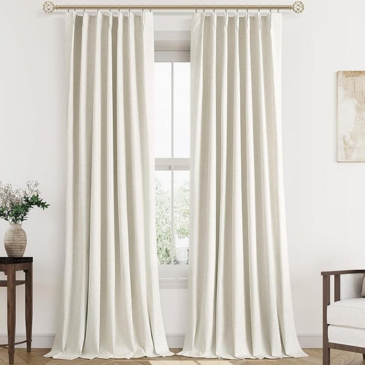 102 Inches Long Pinch Pleated Linen Blackout Curtains for Bedroom Back Tab Track Memory Trained Shape Boho Neutral Thermal Insulated Curtain 102 Inch Length for Living Room Darkening Drapes Cream