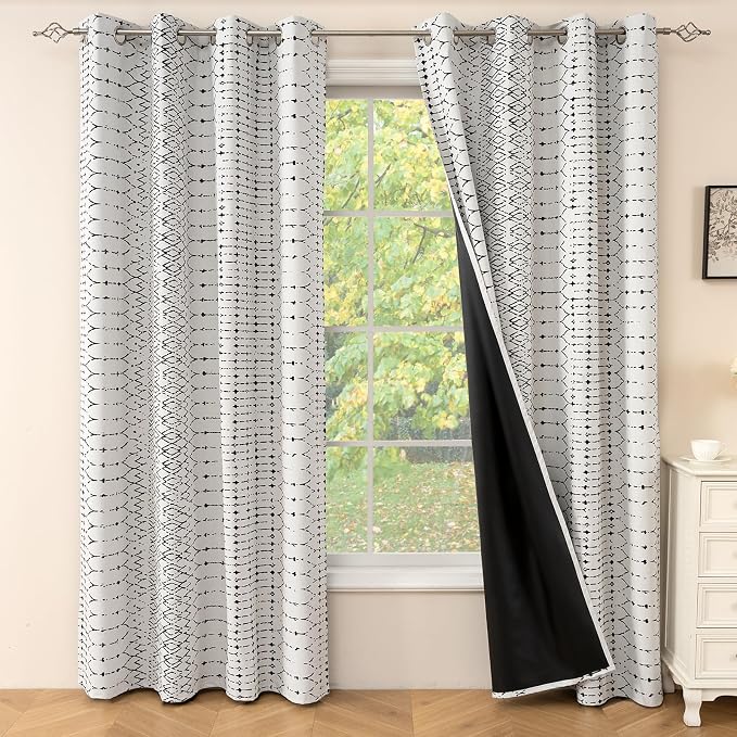 ColorBird 100% Blackout Heat Blocking Boho Curtains for Bedroom 84 Inches Black and White Sun Blocking Thermal Curtains & Panels for Living Room Striped Western Geometric Room Decor