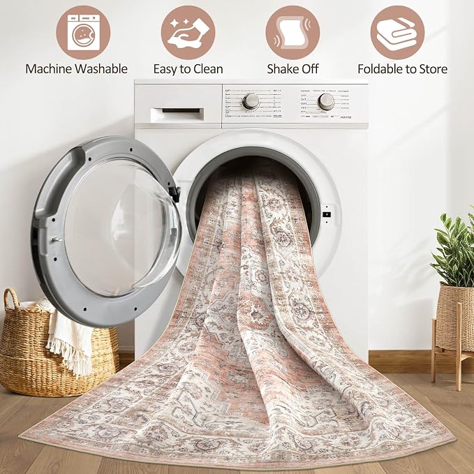 8x10 Area Rugs Living Room: Washable Boho Large Neutral Vintage Soft Rug Stain Resistant Farmhouse Non-Slip Indoor Floor Retro Carpet for Bedroom Nursery Kids Office Dining Room- Pink Brown