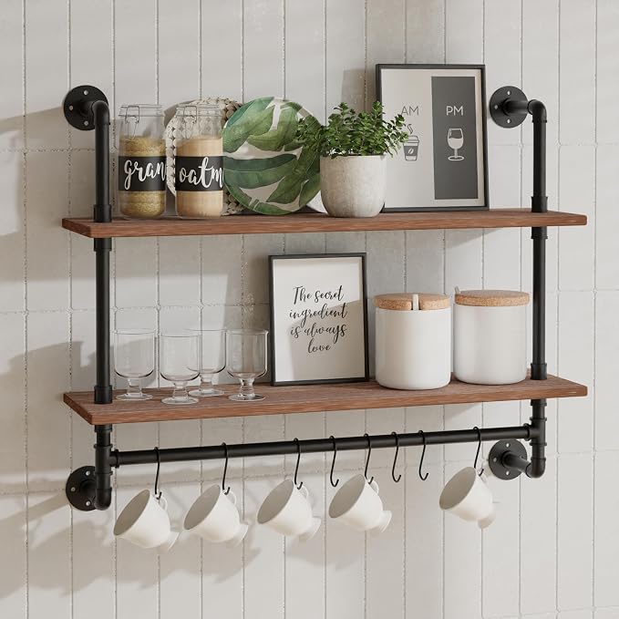 ROGMARS Industrial Pipe Shelving Bathroom Shelves with Towel bar | 30 inch Rustic Floating Shelves Pipe Wall Shelf with Hooks for Living room,Kitchen,Bedroom,Coffee Bar 2 Tier