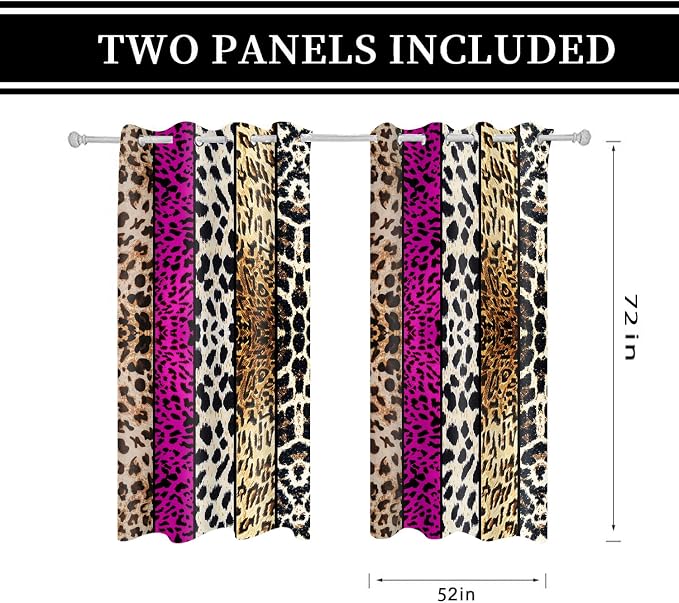 Wild Animal Print Curtain, Room Darkening Thermal Insulated Blackout Leopard Boa Window Drapes with Grommets for Living, Dining, Bedroom, Hot Pink Leopard Print, 52"x 72", 2 Panels
