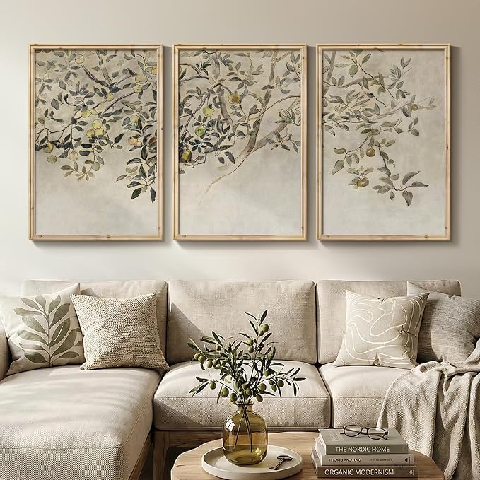 Large Vintage Framed Tree Wall Art for Living Room, 3 Piece Neutral Rustic Botanical Canvas Prints Artwork for Walls, Modern Farmhouse Leaf Pictures for Bedroom Dining Room Office Wall Decor, 24x36 In