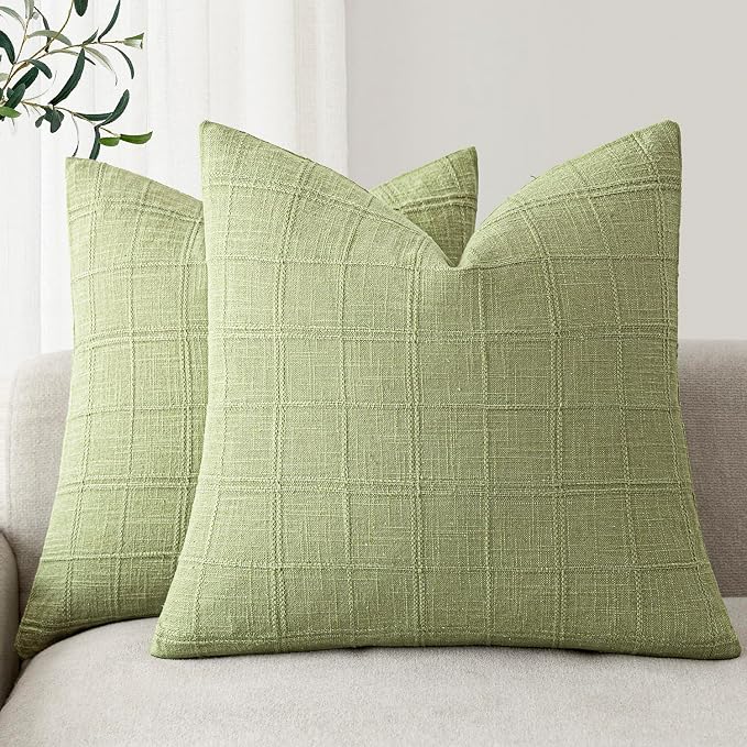 Foindtower Set of 2 Decorative Linen Check Throw Pillow Covers Neutral Farmhouse Vintage Cushion Covers Modern Boho Accent Home Decor for Sofa Chair Couch Bedroom Living Room,24×24 Inch,Light Green
