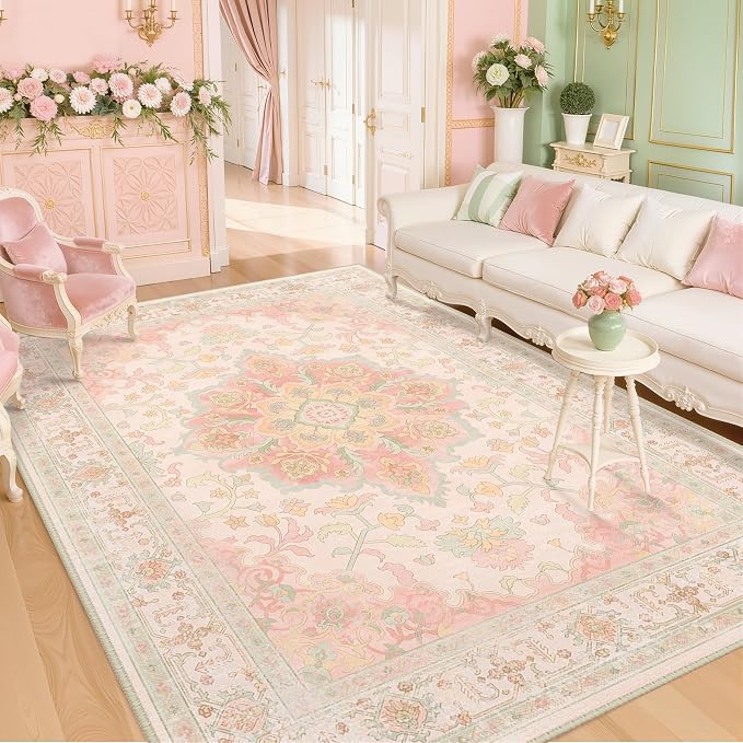 CAPALOCA Machine Washable Rugs Nursery Rug 8x10 Cute Girl Non Slip Low Pile Water Repellent Soft Print Pattern for Bedroom Indoor Decor Kids Playroom Pink Green