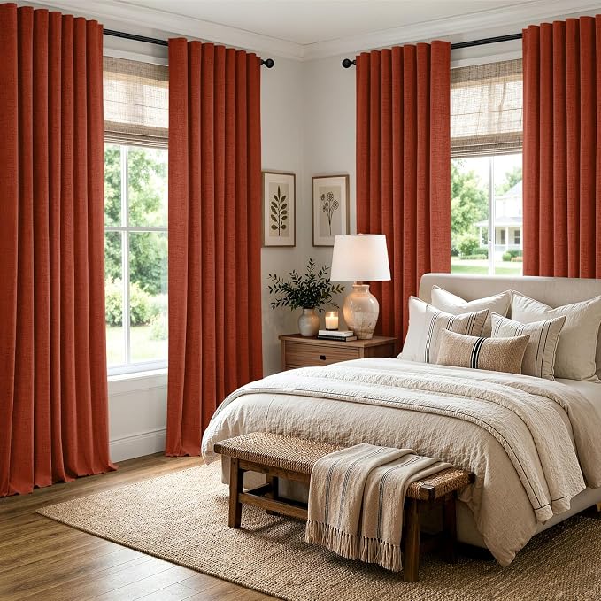 MIULEE 100% Blackout Linen Curtains for Bedroom, Burnt Orange Solid Luxury Decor Thermal Insulation Room Darkening Drapes for Living Room Back Tab Rod Pocket 42 x 72 Inches, 2 Panels