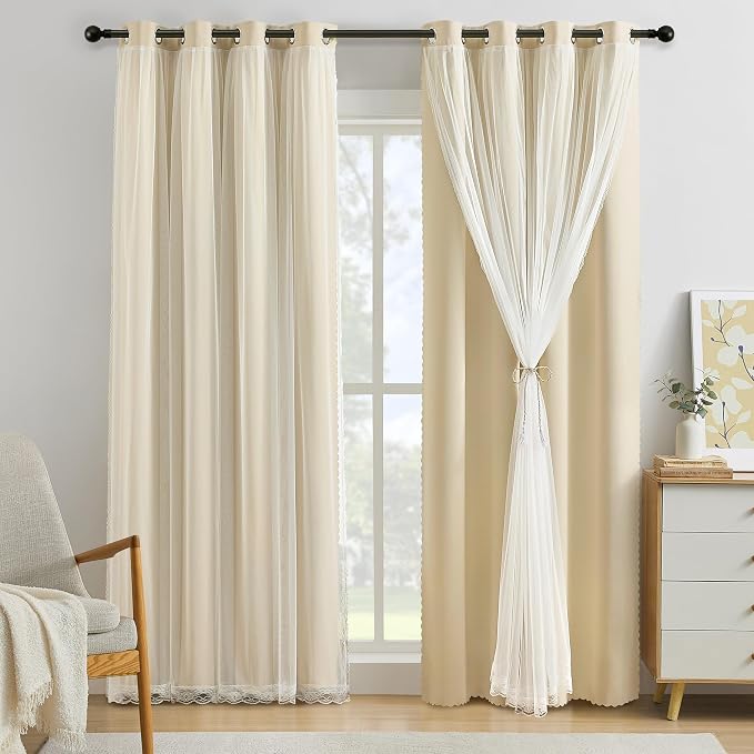 XiDi Beige Blackout Curtains with Sheer Overlay for Living Room Bedroom 63 Inches Long 2 Panels Mix & Match Double Layer Thermal Insulated Beige Window Drapes with Tiebacks Grommet Top W34 x L63