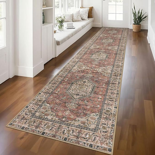 KUTA Vintage Washable Long Runner Rug 2.6x12, Non-Slip Hallway Kitchen Rugs Terracotta with Rubber Backing, Ultra Soft Printed Medallion Extra 12ft Carpet Runners for Bedroom