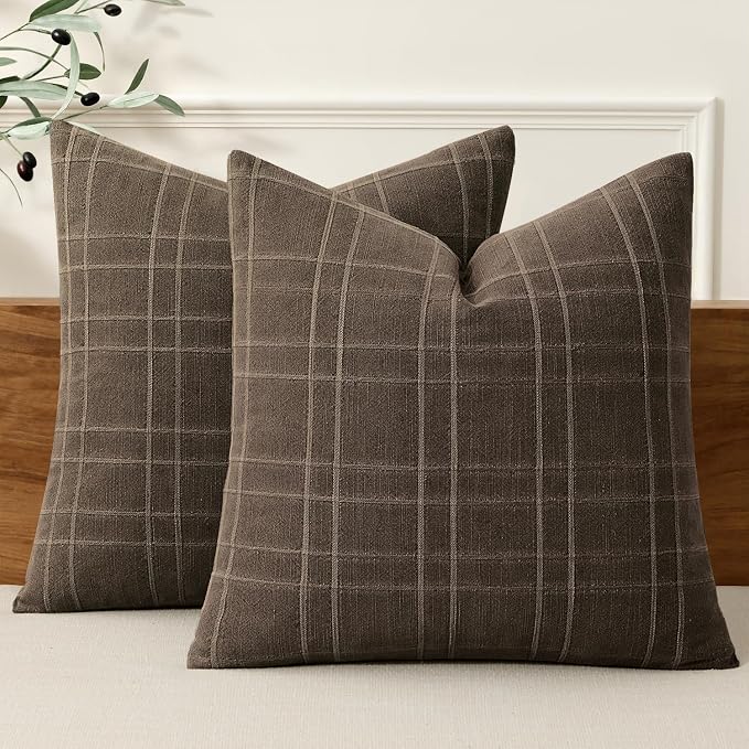 MIULEE Decorative Linen Check Throw Pillow Covers Neutral Farmhouse Vintage Pillow Covers 22x22 Set of 2 Boho Modern Home Decor for Sofa Couch Bedroom Cushion Dark Coffee