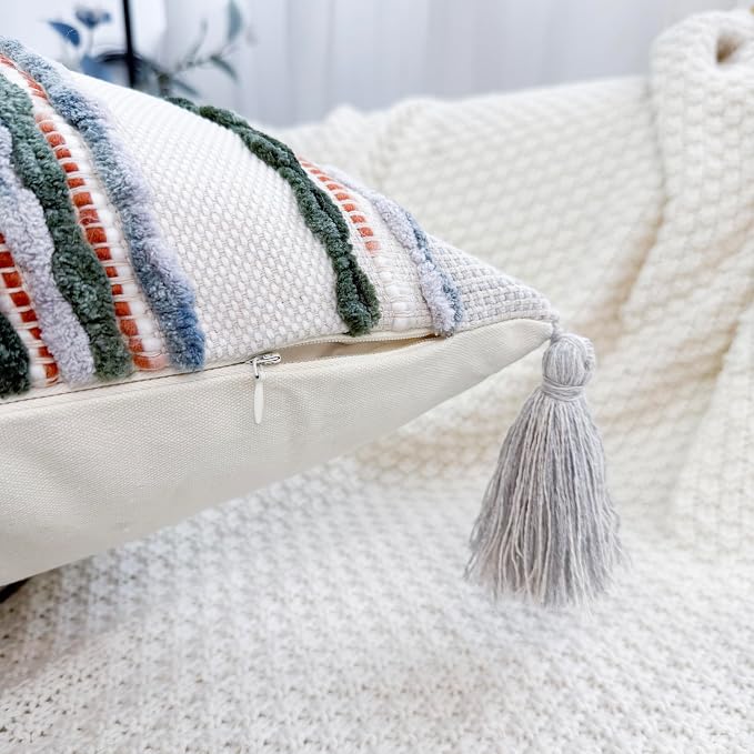 NUYECY Chenille and Cotton Long Pillow for Bed, Striped Textured Boho Lumbar Throw Pillow Cover 12x36, Neutral Accent Decorative Extra Long Body Pillow Case for Couch, Sofa, Bedroom, Sage Green