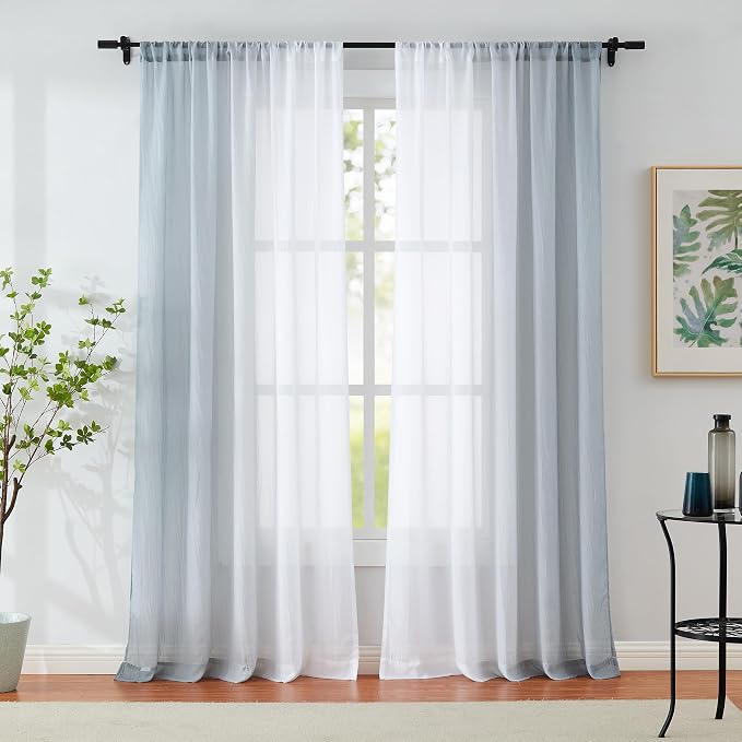 Ombre Chiffon Sheer Curtains 54 Inch Length for Living Room Bedroom, Crinkle Semi Voile Short Curtain Panels for Laundry Room Light Filtering Window Drapes for Kitchen Small Window, Rod Pocket, Grey