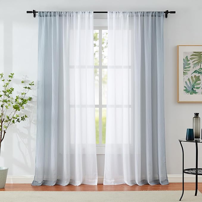 Grey Ombre Sheer Curtains 84 Inch Long for Living Room Bedroom, Crinkle Gradient Curtain Panels Rod Pocket for Boys Room Chiffon Light Filtering Window Drapes for Nursery, Study, Garden, Yard, 52"W