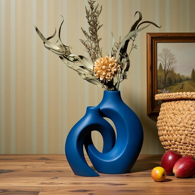 Levvohd Snuggle Hollow Ceramic Vase Set of 2, 8.4 inch Modern Nordic Coastal Shaped Pampas Grass Aesthetic Decorative Table Vases for Home Decor (Matte Navy Blue - M)