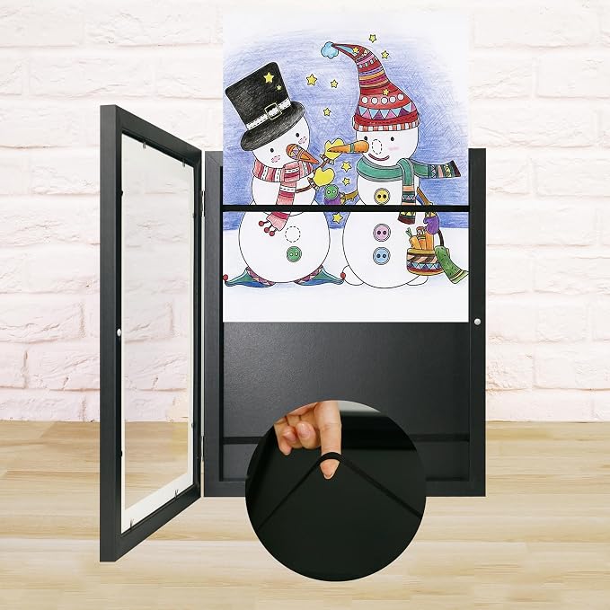 iRahmen Kids Art Frames 10x12.5 - Front Opening Childrens Picture Frame Changeable, Wood Artwork Display Storage for Wall Mount, Magnetic Door Holds 50 Art Pieces for Drawings, 3D Picture, Crafts, Portfolio, Black