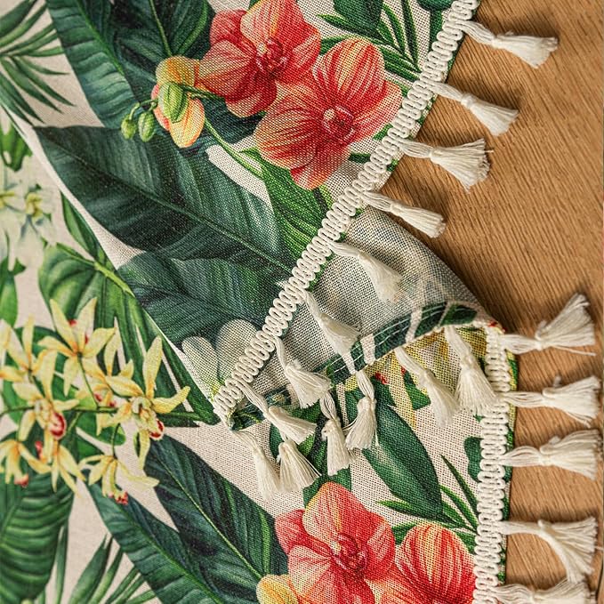 Deeprove Boho Valance Tropical Botanical Leaves Print Curtain 18 Inch Long, Green Monstera Plant Red Florals Kitchen Window Small Vintage Drape Tassels for Spring Summer Decor 1 Panel 52W x 18L
