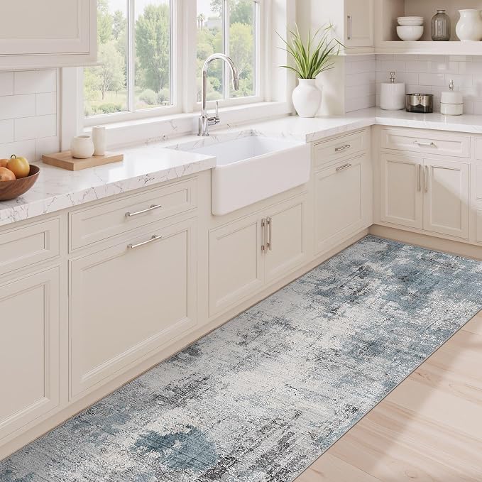 Abstract 3x8 Runner Rug: Machine Washable Non Slip Ultra Thin Low-Pile Carpet, Soft Stain Resistant for Hallway Kitchen Bathroom, Kid Pet Friendly, Robot Vacuum Compatible - Grey Blue