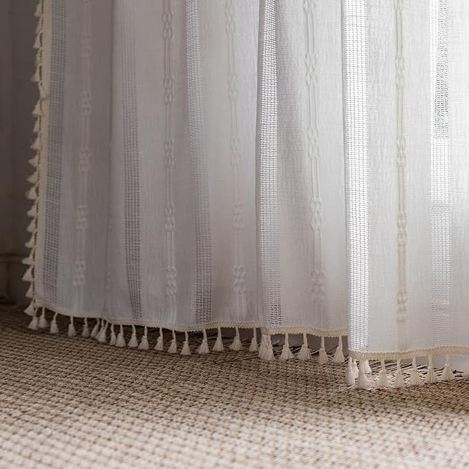 Boho Curtains Embroidery Linen Curtains 108 Inches Long 2 Pannels for Bedroom Off White Country Farmhouse Curtains Light Filtering Curtains for Living Room Rod Pocket Drapes(52" W x 108" L,White)