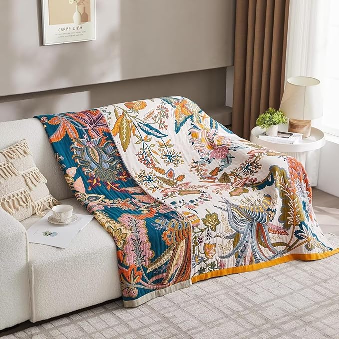 Boho Throw Blanket Farmhouse Decor Throw Blanket Bohemian Blanket for Bed 100% Cotton Muslin Woven Couch Blanket All Seasons Quilt Bedroom (Beige, 50"x60")